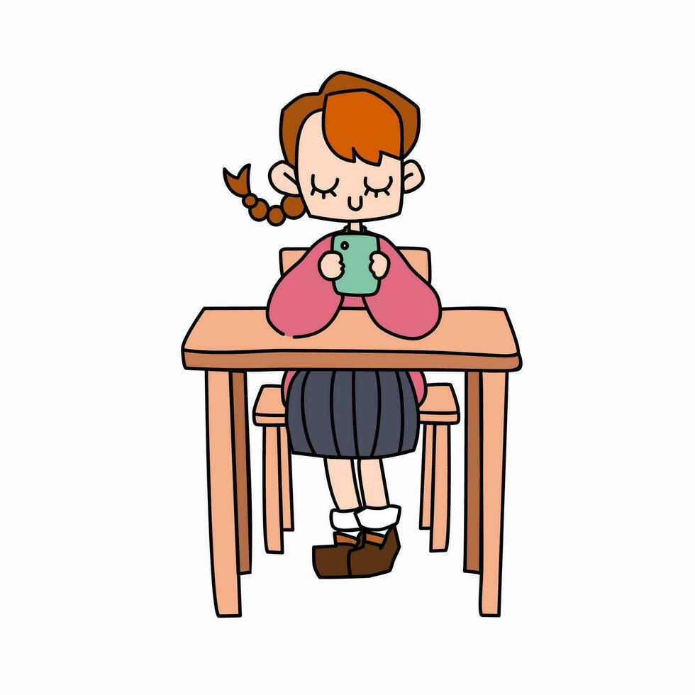 A cute pigtail schoolgirl using smartphone with black outline flat cartoon vector illustration isolated on white background. A pink sweater student girl playing game, wathching video or social media.