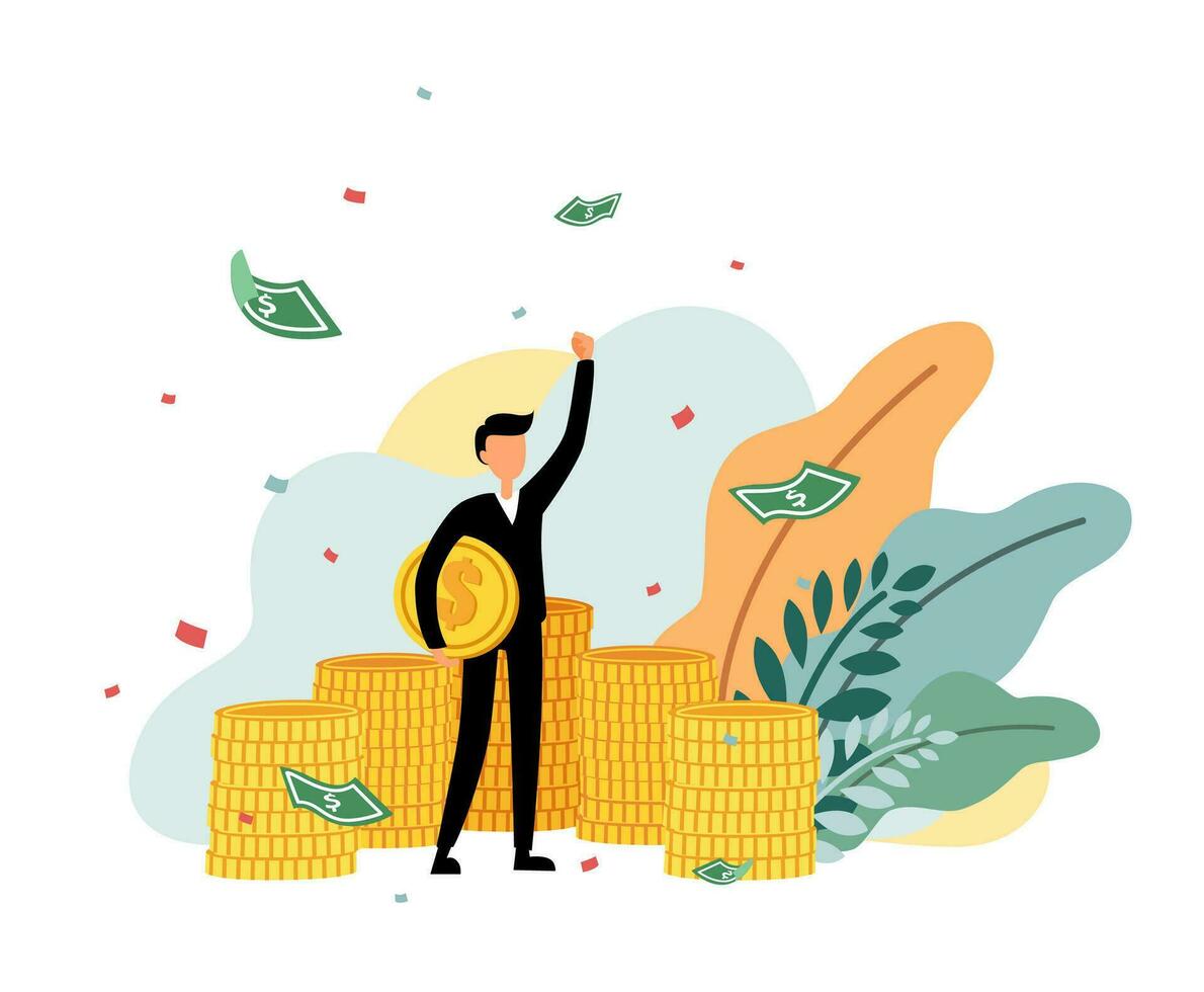 An investor hold a coin, rise hand, banknotes drop and enjoy with his successful growth profit cartoon character isolated on white background flat vector illustration. Doing business and take profit.