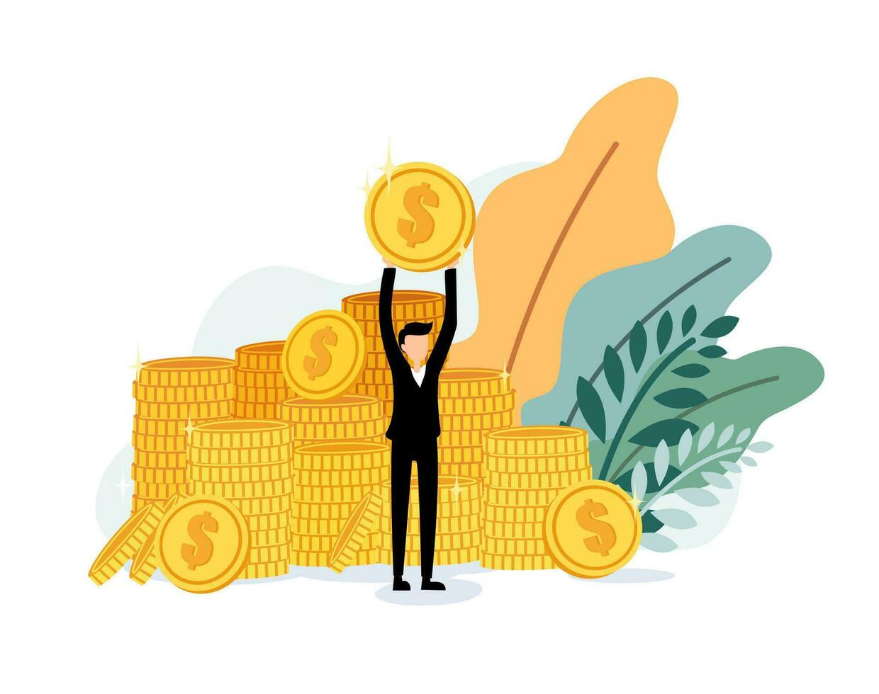 An investor hold a coin, rise hand, banknotes drop and enjoy with his successful growth profit cartoon character isolated on white background flat vector illustration. Doing business and take profit.