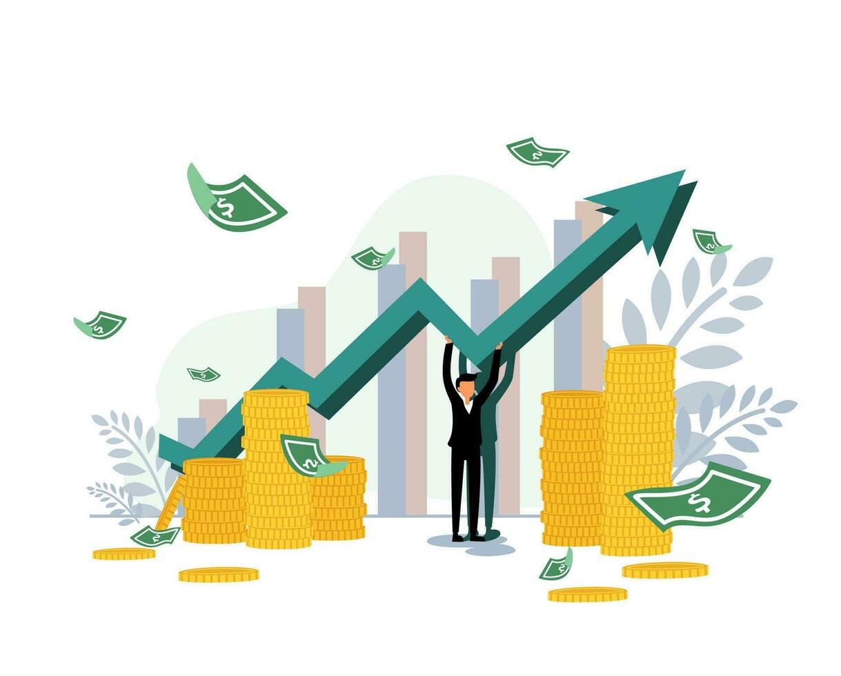 A cyprocurrency investor gain higher money cartoon flat vector illustration. Earning on cryptocurrency. A business holding a rising arrow with a pile of coin as a background. Cryptocurrency finance.