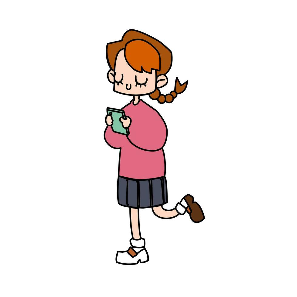 un linda coleta Chica de escuela utilizando teléfono inteligente con negro contorno plano dibujos animados vector ilustración aislado en blanco antecedentes. un rosado suéter estudiante niña jugando juego, mirando vídeo o social medios de comunicación.