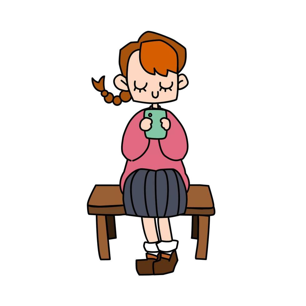 A cute pigtail schoolgirl using smartphone with black outline flat cartoon vector illustration isolated on white background. A pink sweater student girl playing game, wathching video or social media.
