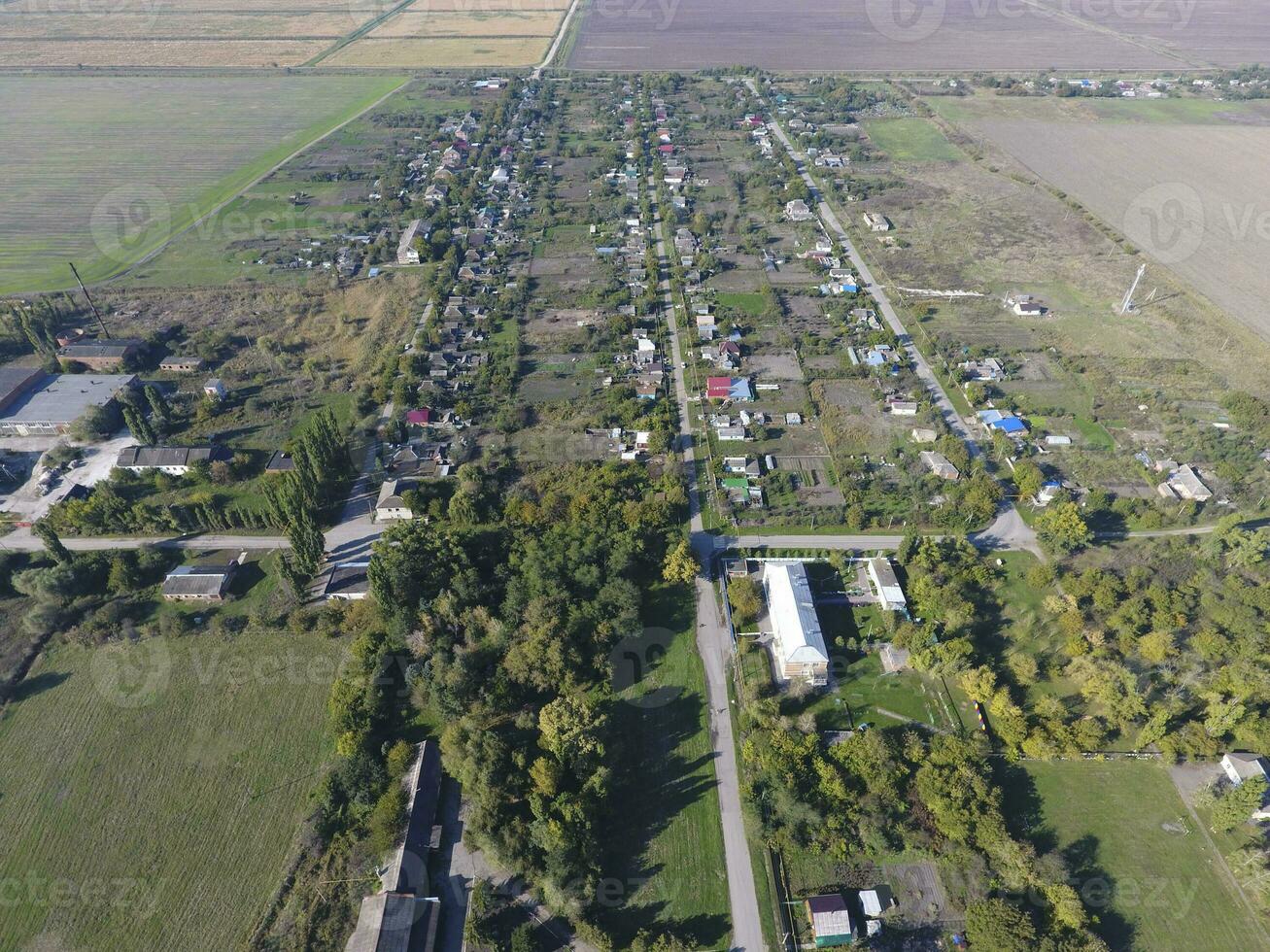 Top view of the village. One can see the roofs of the houses and photo