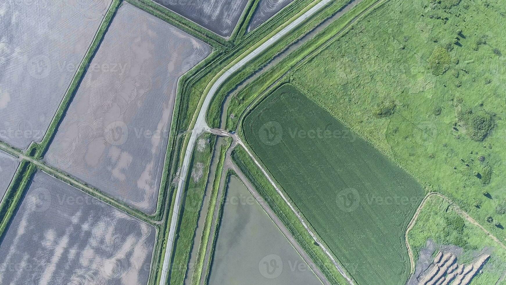 The top view of the wheat field and the plowed field under Fig. Shooting from a drone. photo