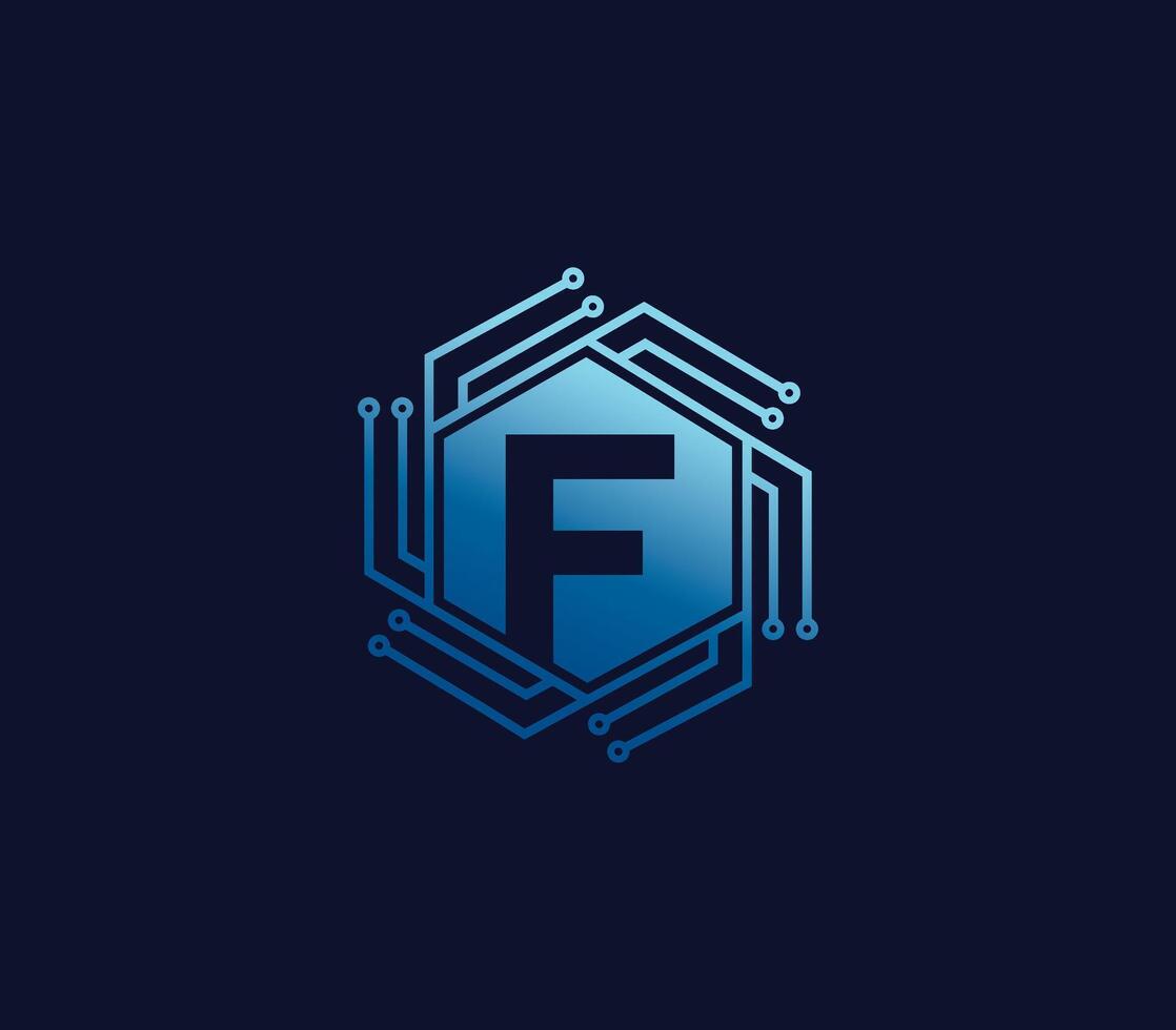 F alfabeto tecnología logo diseño concepto vector