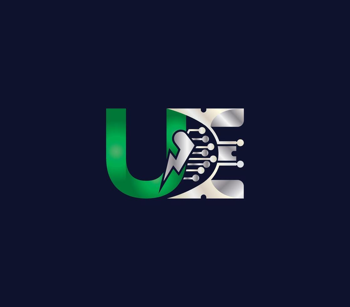 UE letter Logo Design Green or Silver Color Creative Technology Electric Energy logo vector