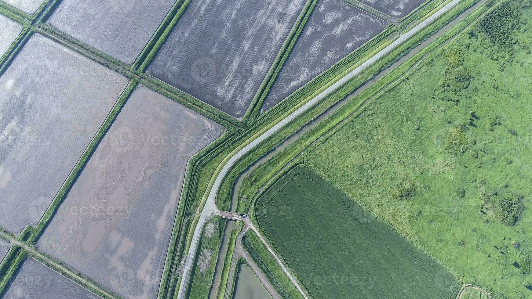 The top view of the wheat field and the plowed field under Fig. Shooting from a drone. photo