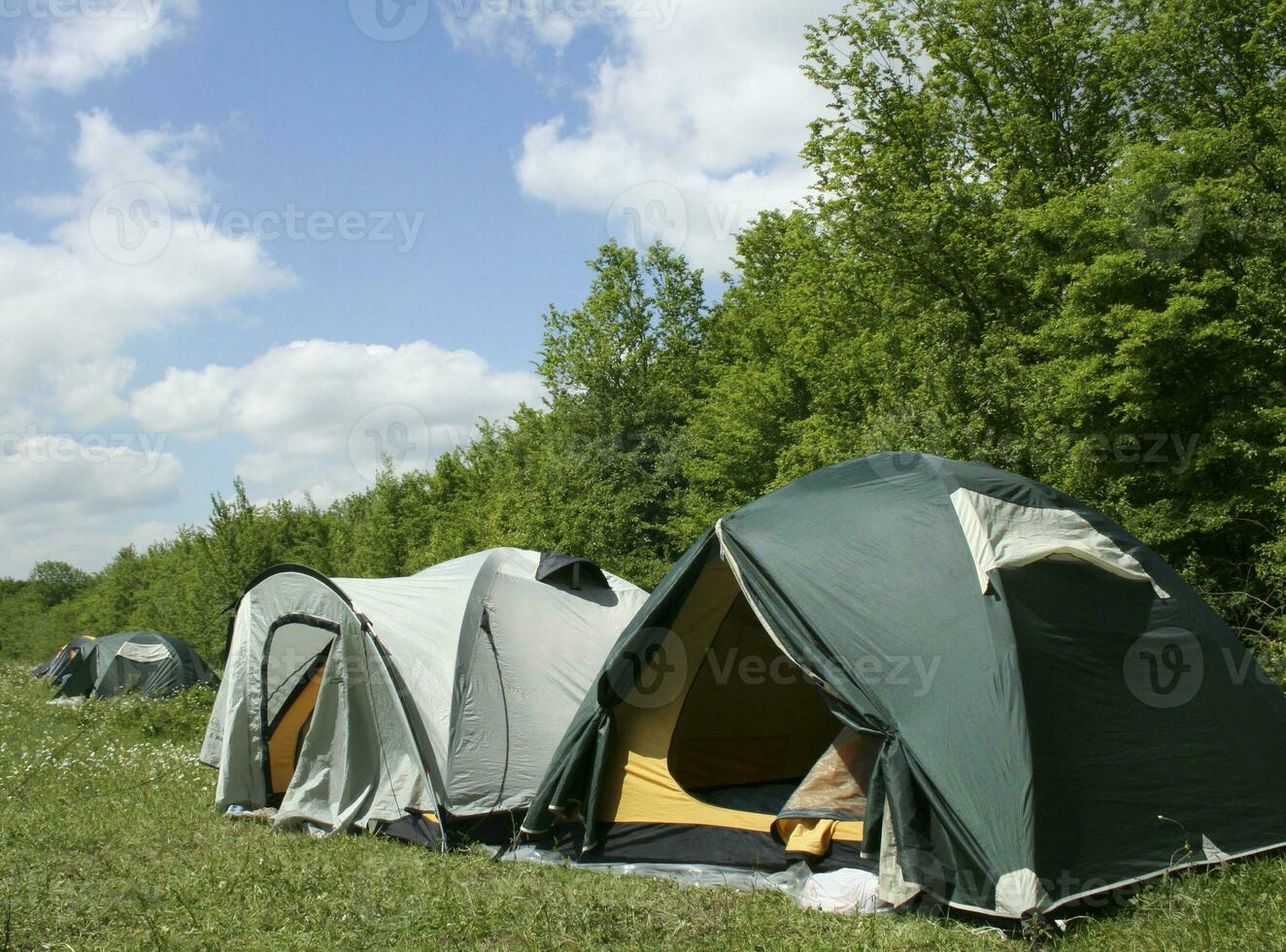 tourist tents in forest at campsite photo