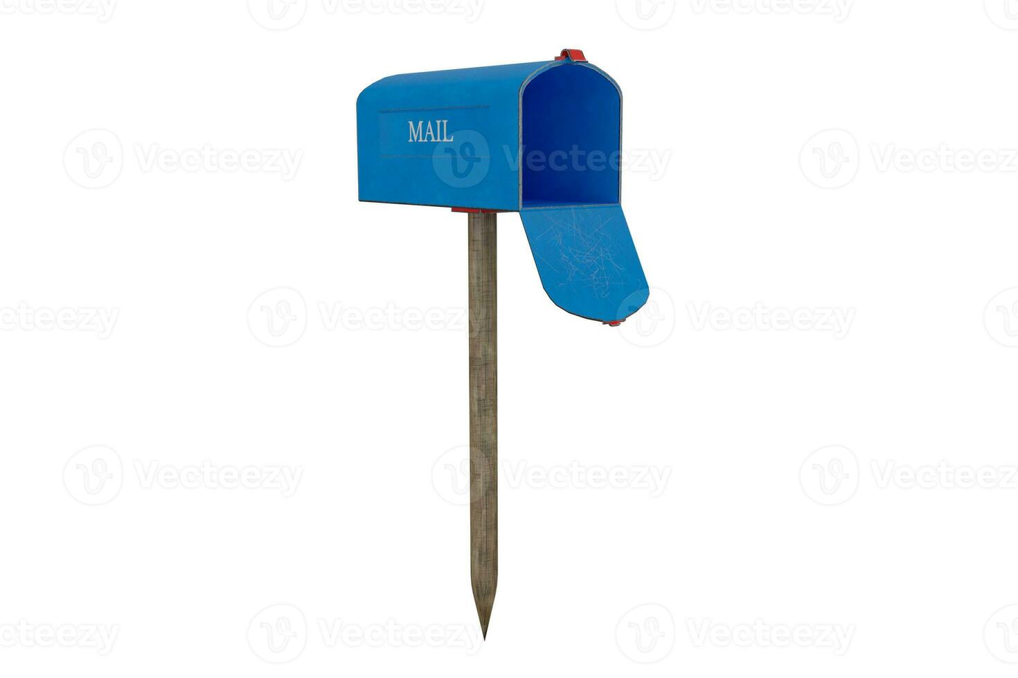 3d rendering blue mailbox with wooden stake photo