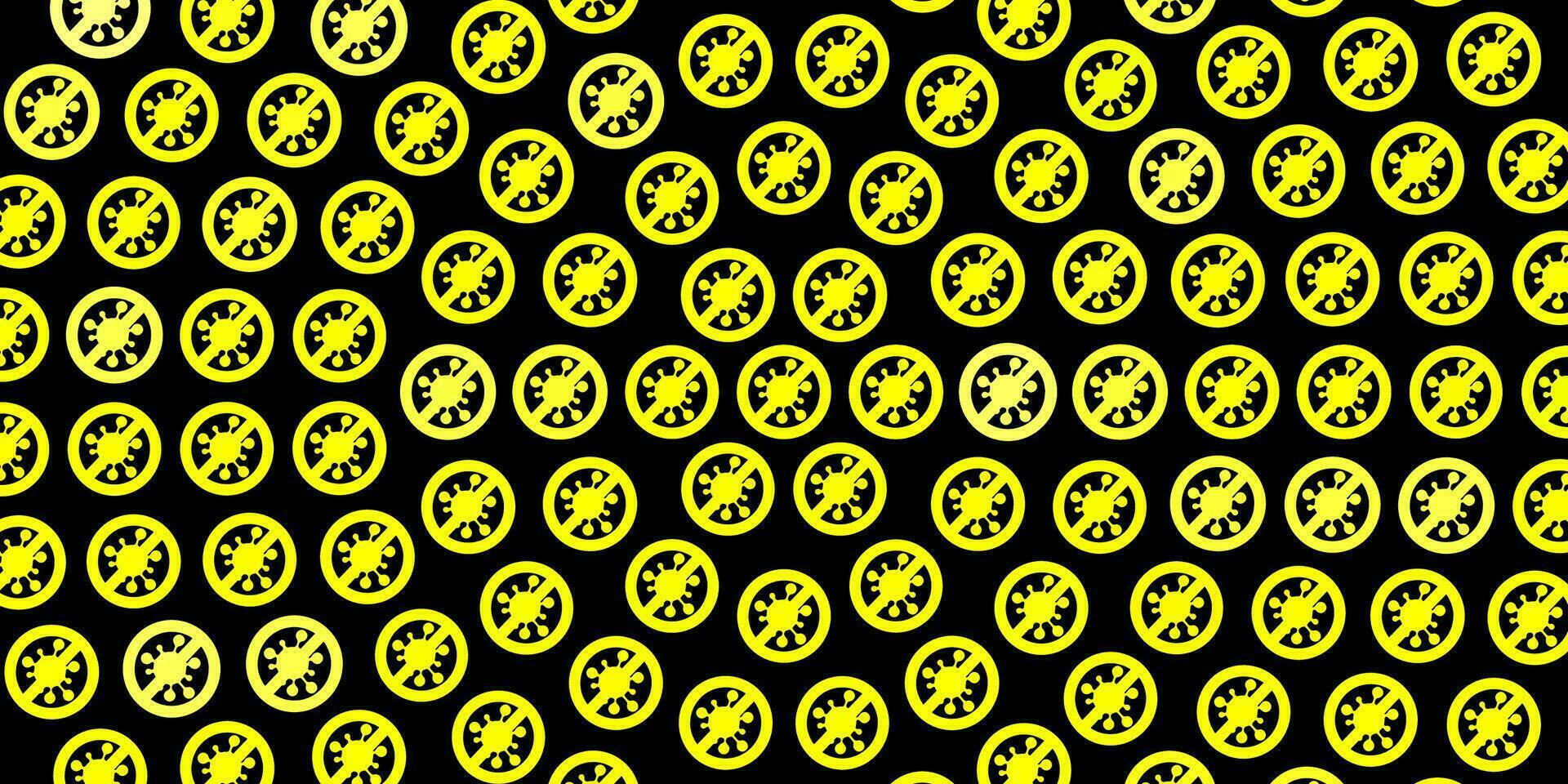 Fondo de vector amarillo oscuro con símbolos covid-19.