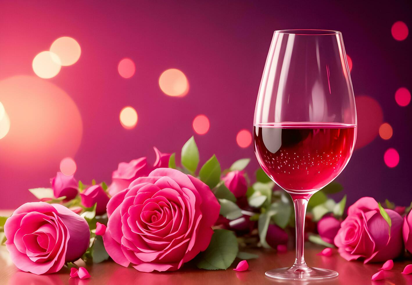 ai generado rosas y vino lentes en el mesa para celebrando San Valentín día foto