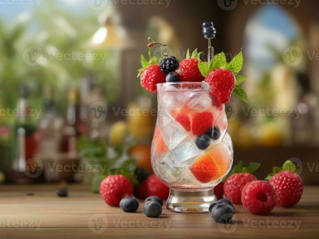 AI Generated Glass of alcohol cold coctail decorated with ice, fruit and mint staying on wood table. Fresh juice on background with lemon, strawberry, lime. photo