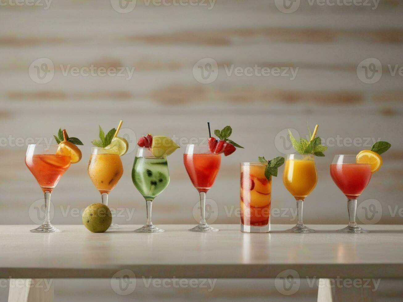 AI Generated Glass of alcohol cold coctail decorated with ice, fruit and mint staying on wood table. Fresh juice on background with lemon, strawberry, lime. photo