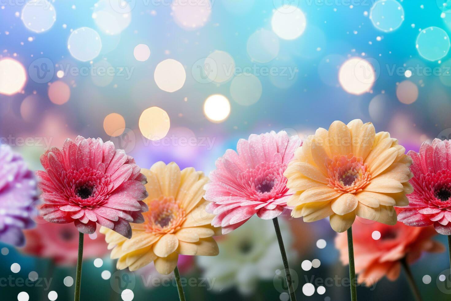 AI generated A garden of colorful gerberas with beautiful pastel bokeh. photo