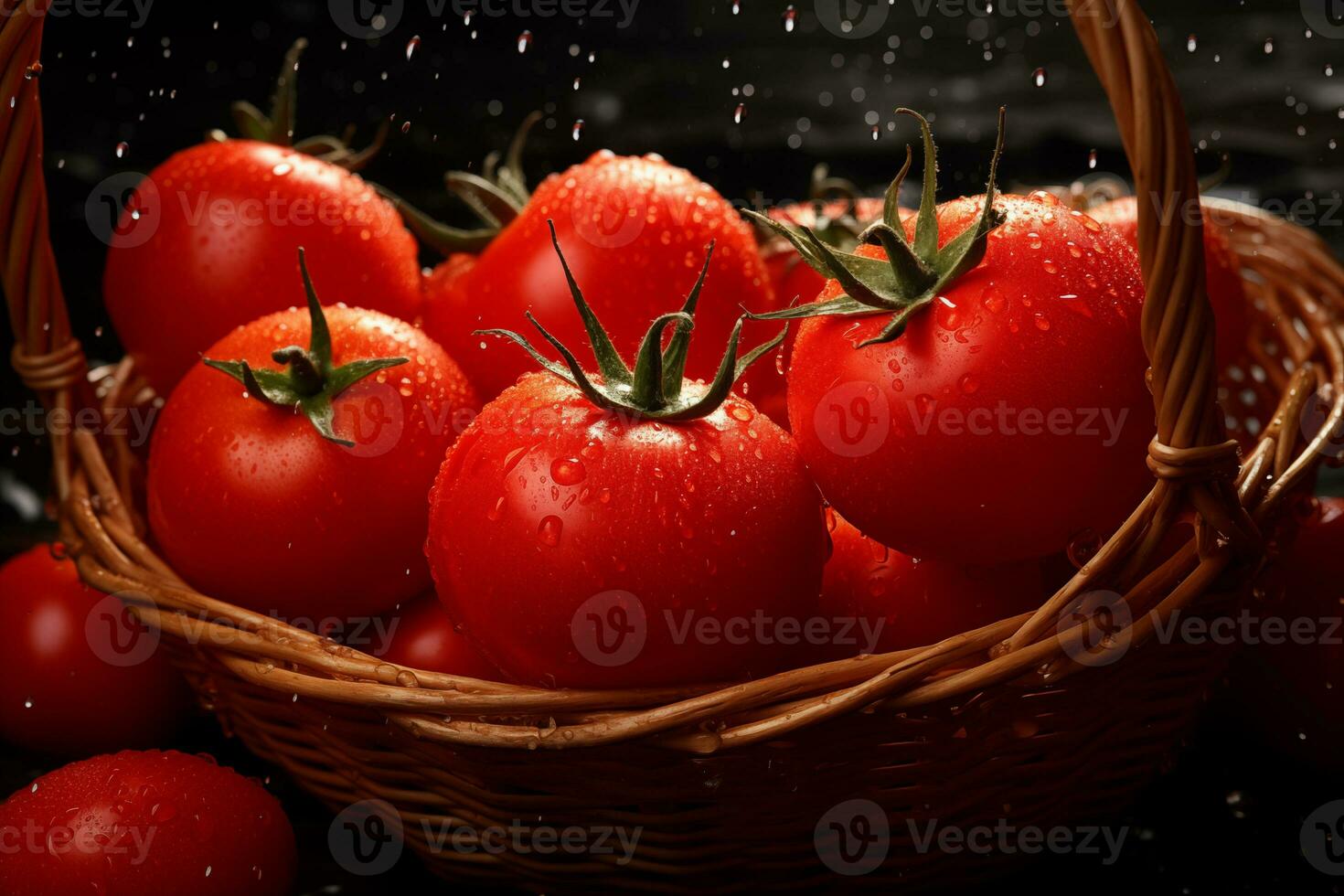AI generated Bright red tomatoes with water droplets in the basket. photo
