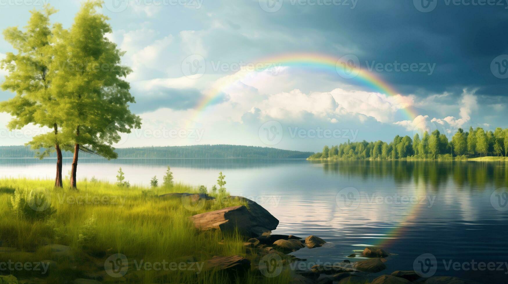 AI generated A peaceful landscape meadow field with rainbow in the sky photo
