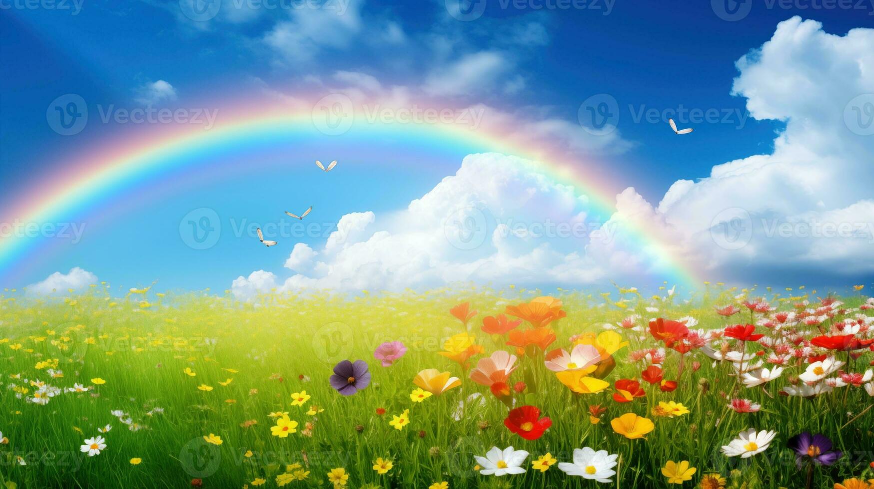 AI generated A peaceful landscape meadow field with rainbow in the sky photo