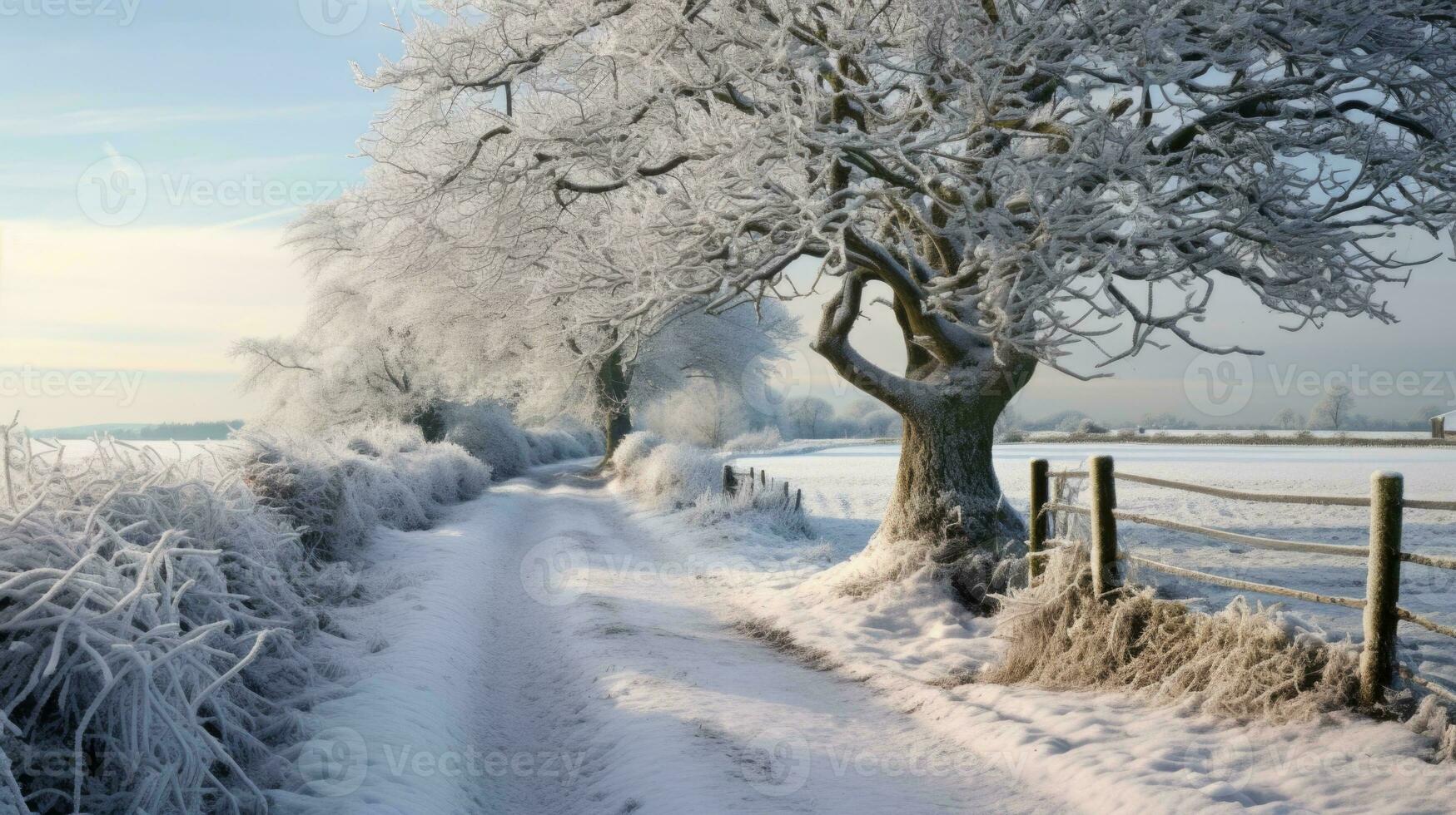 ai generado escena de campo cubierto con nieve foto