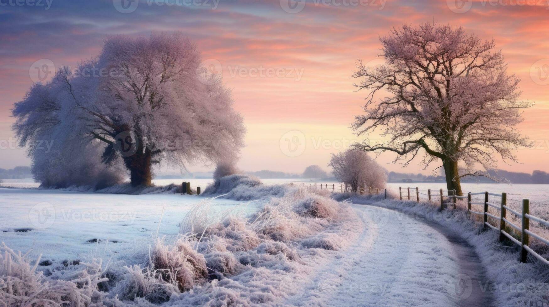 AI generated Scene of countryside covered with snow photo