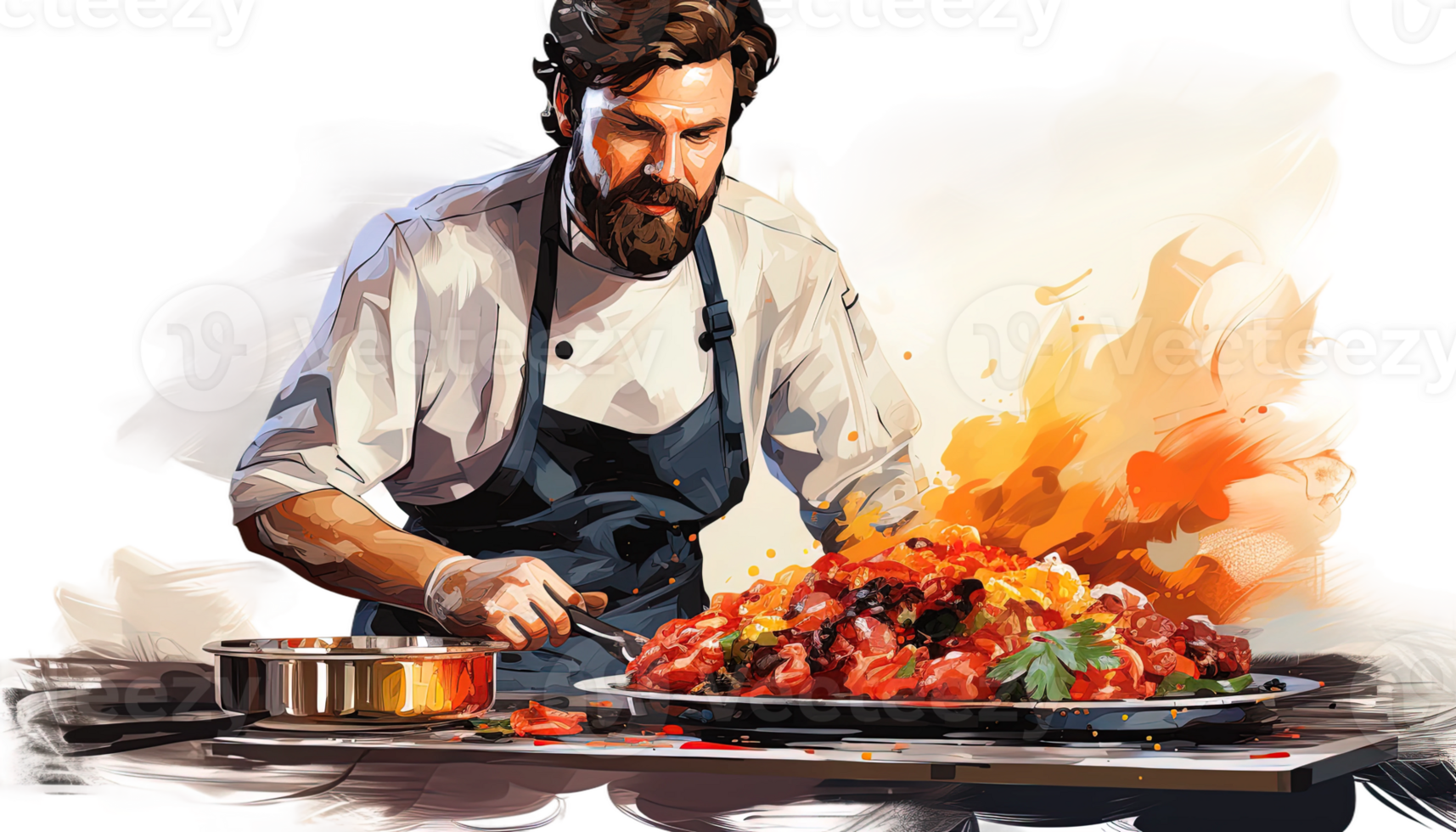 AI generated Chef cooking clipart, transparent background, culinary art, cooking illustration, professional chef, chef hat, apron, chef uniform, cooking png