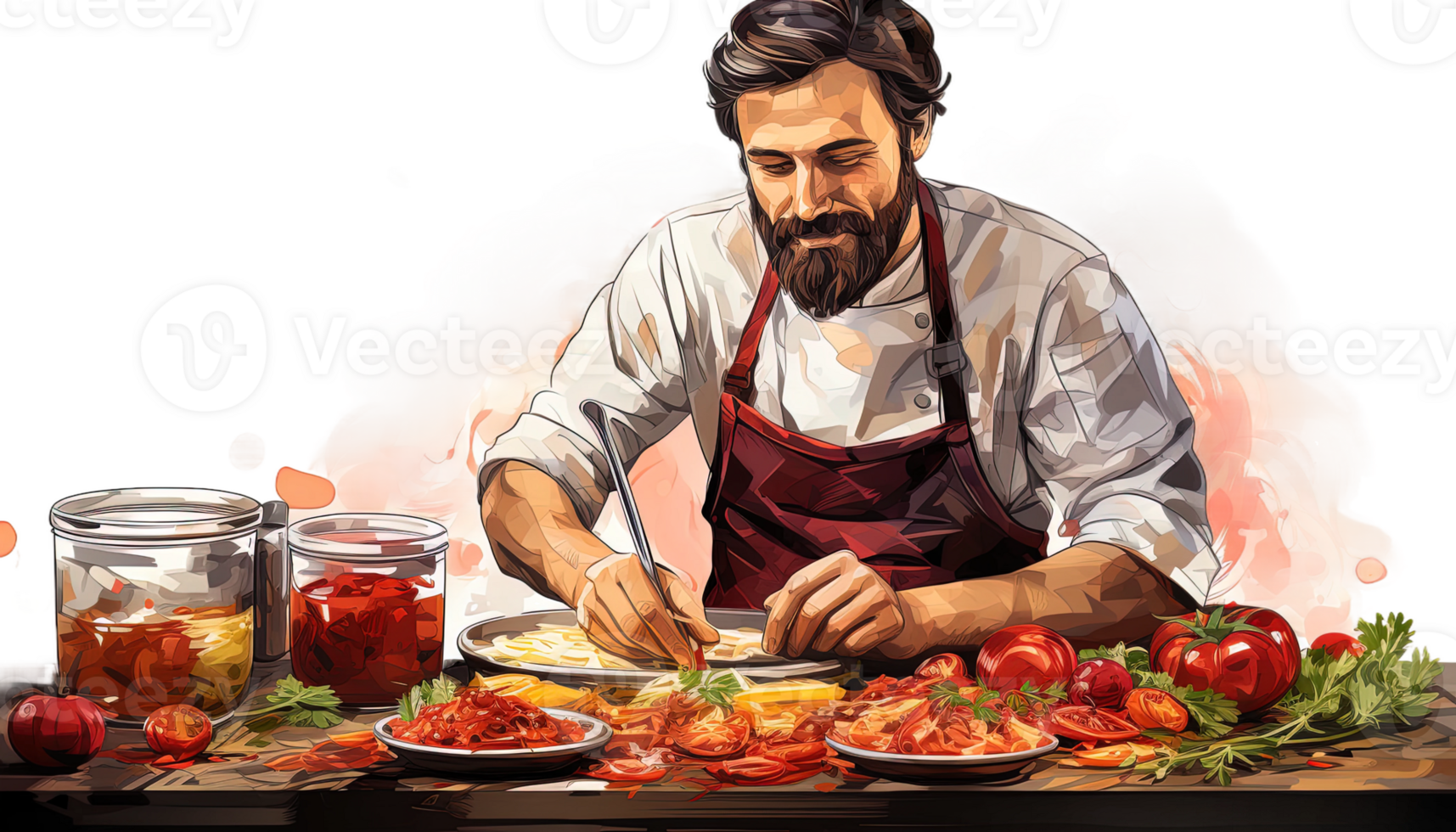 AI generated Chef cooking clipart, transparent background, culinary art, cooking illustration, professional chef, chef hat, apron, chef uniform, cooking png