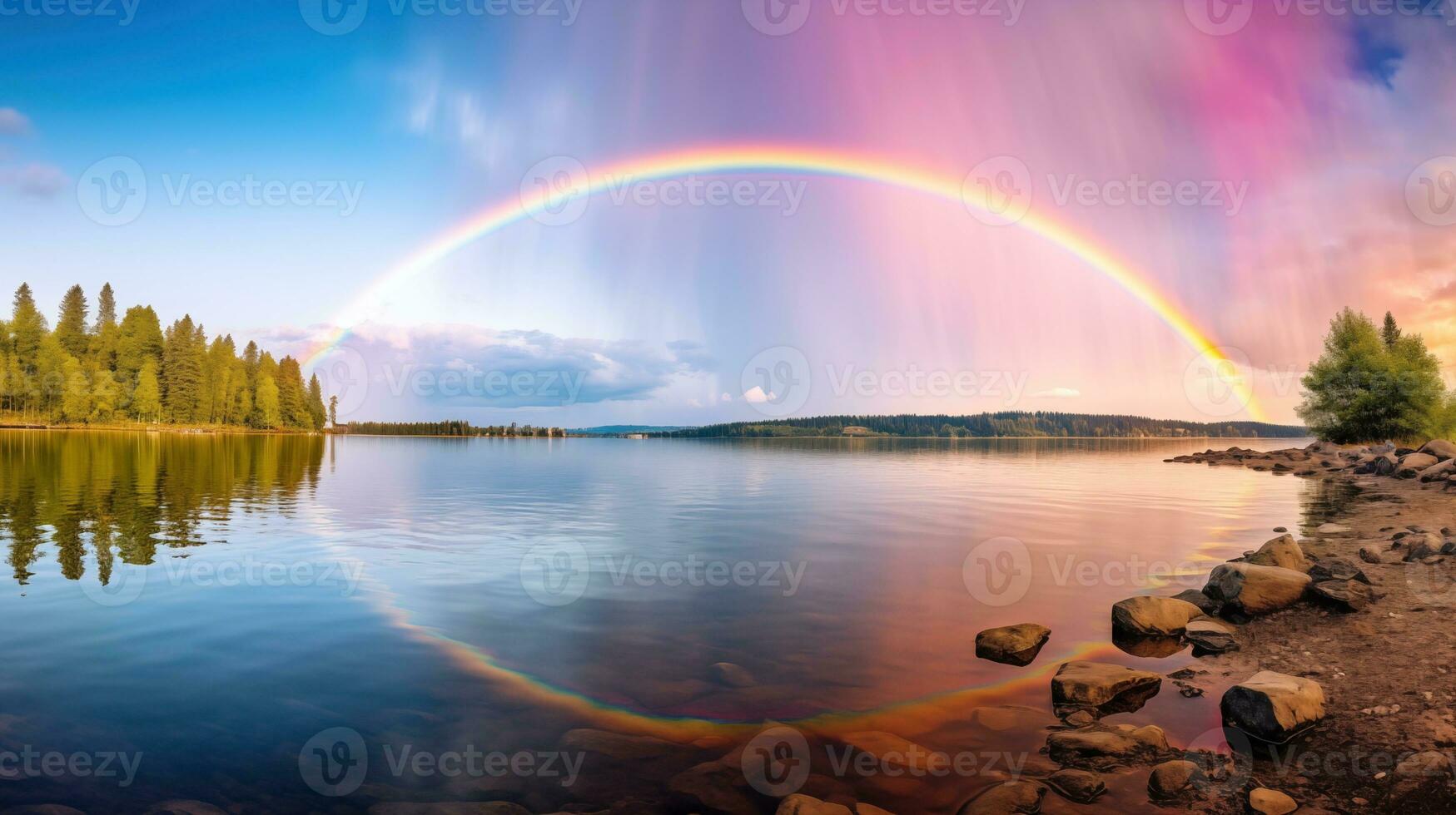AI generated A peaceful landscape meadow field with rainbow in the sky photo