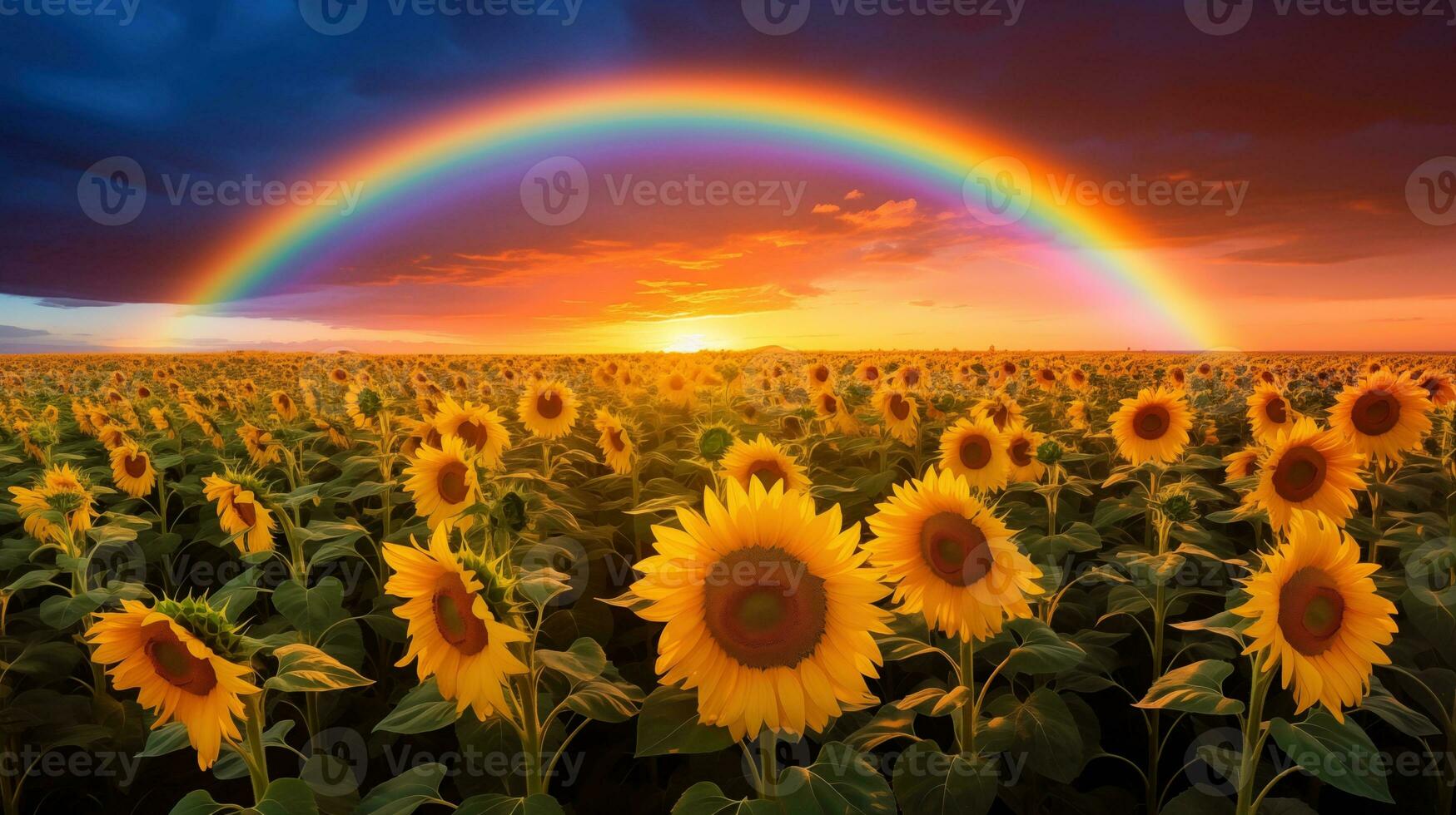 AI generated A peaceful landscape meadow field with rainbow in the sky photo