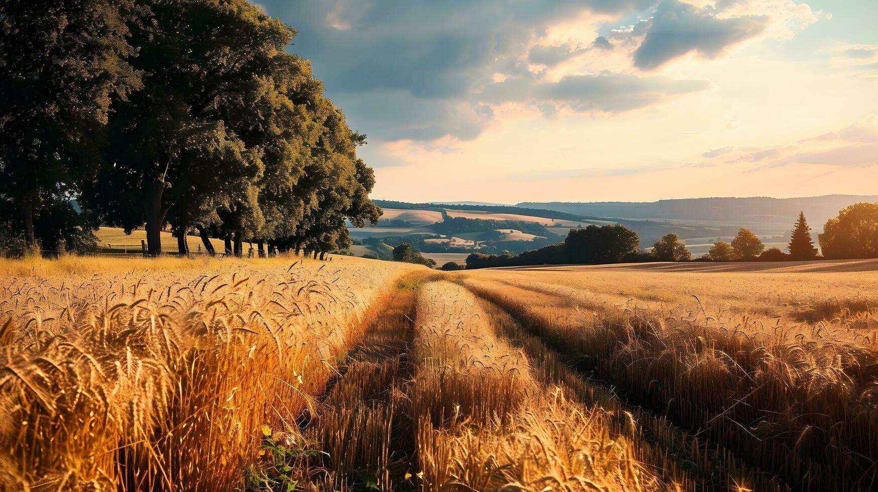 AI generated Golden Wheat Leading to Tree-Lined Horizon at Sunset photo