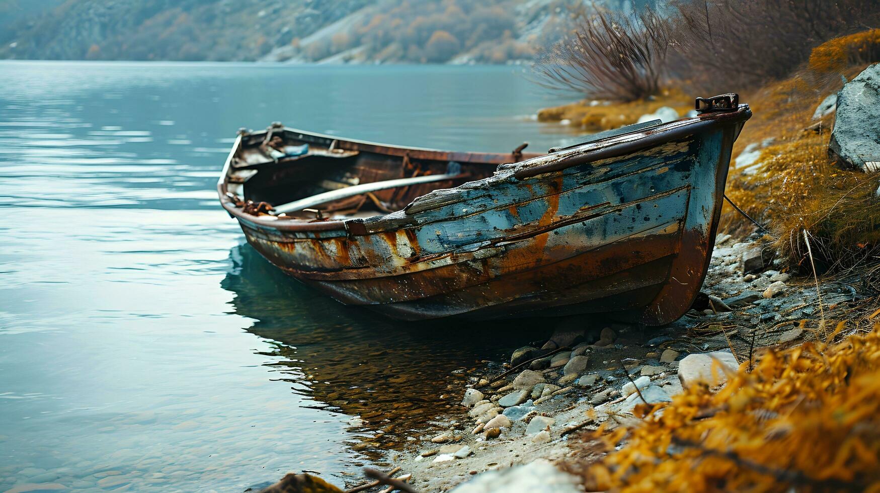ai generado abandonado barco tranquilo lago otoño follaje rocoso apuntalar brumoso montañas foto