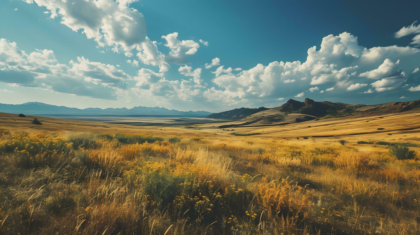 ai generado expansivo puntos de vista de dorado campos debajo un verano cielo foto