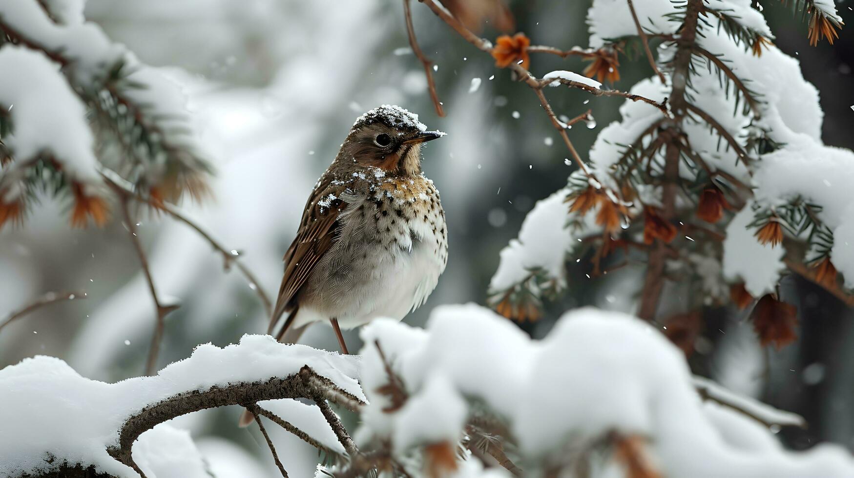 ai generado invierno Robin encaramado entre Nevado ramas foto