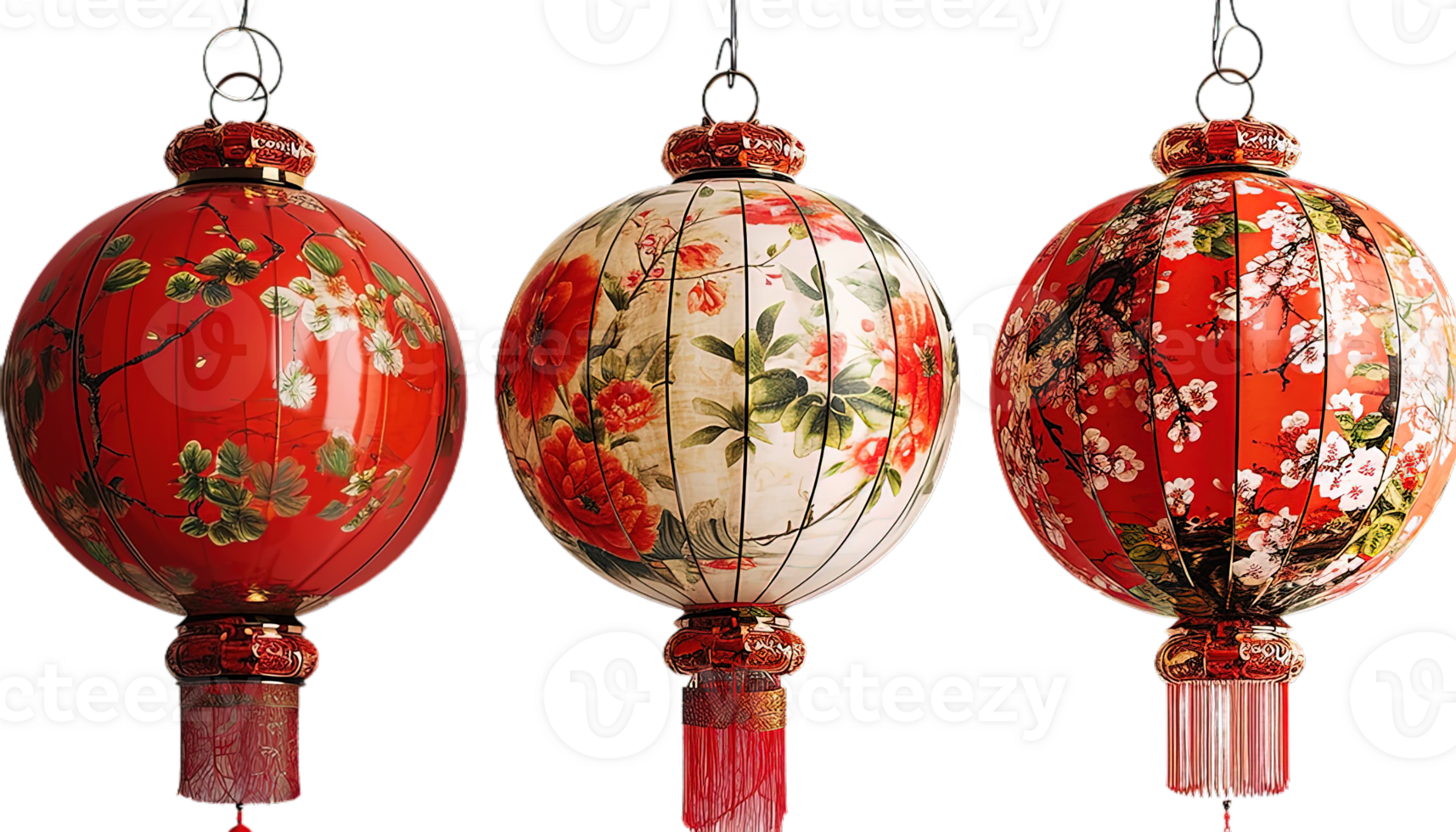 AI generated Red Chinese lanterns, festive decoration, traditional lanterns, cultural celebration, decorative frames, ornamental background, New Years Eve decor, oriental design, holiday concept png