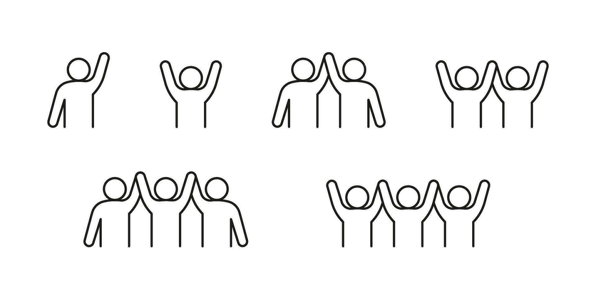 personas saludo, ola mano, éxito, línea icono. uno, dos y Tres persona manos arriba. contento el respeto en reunión, ventilador de juego. vector ilustración