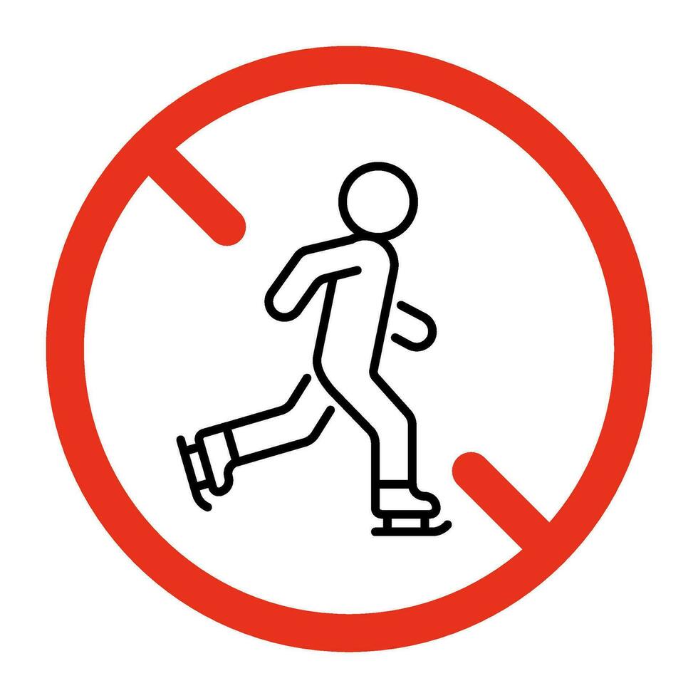 Prohibited skating on skate for people, line sign. Symbol of person on skate on ice forbidden. Vector sign