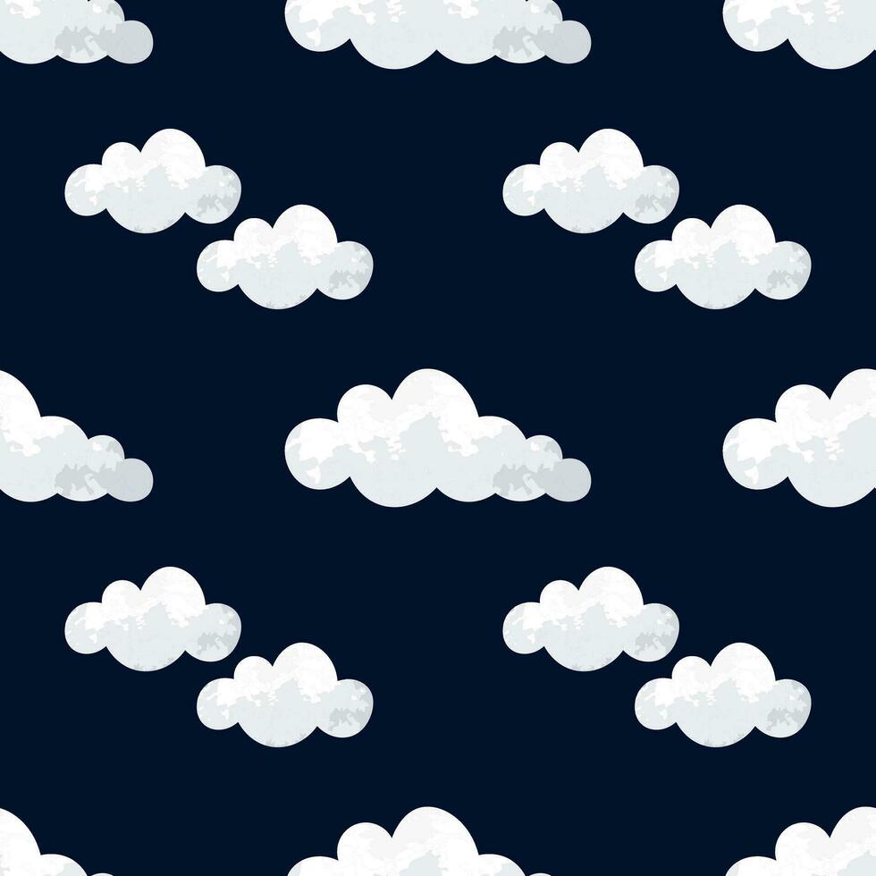 White watercolor cartoon clouds with a seamless pattern on a dark blue sky background. vector