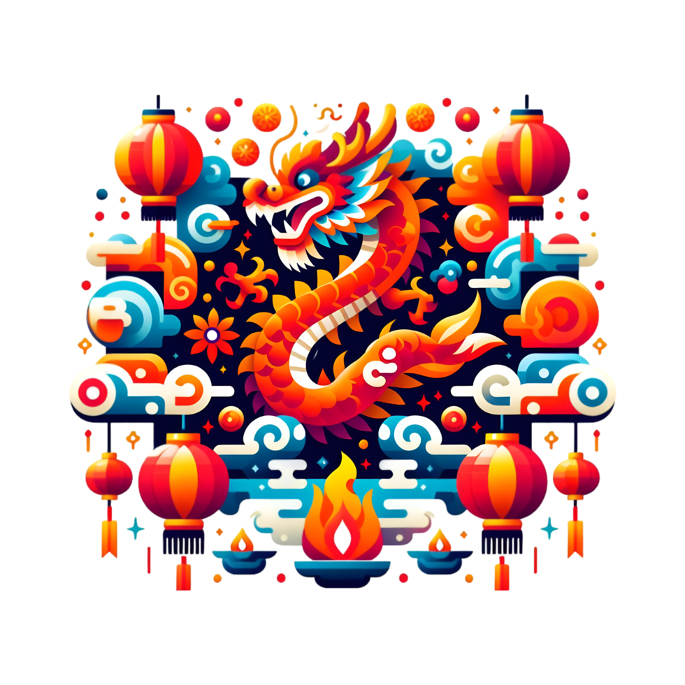 AI generated chinese new year illustration, chinese dragon, lanterns, lanterns, lanterns, png