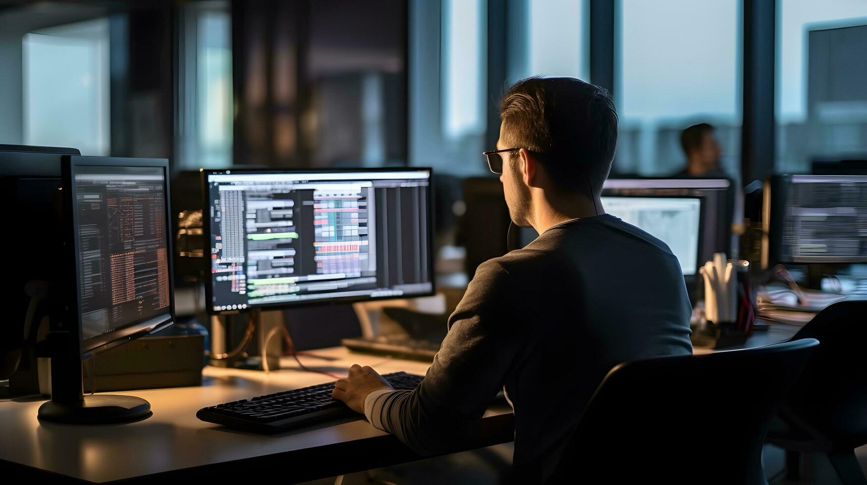 ai generado profesional comerciante supervisión financiero Estadísticas en múltiple pantallas foto