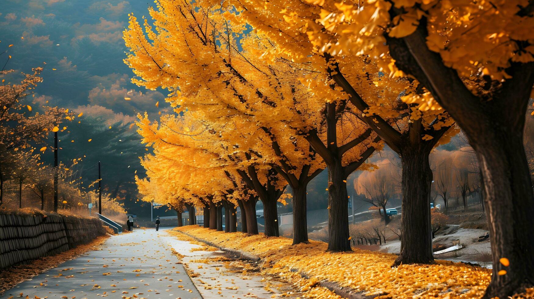 AI generated Mystical Autumn Path Lined with Golden Trees photo