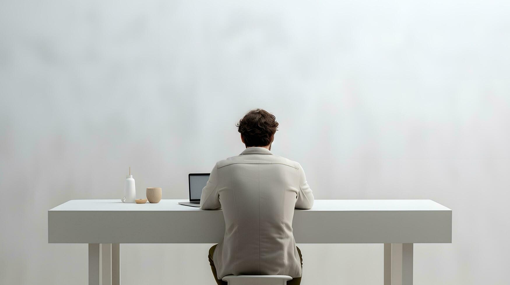 AI generated Minimalist Workspace with Concentrated Man on Computer photo