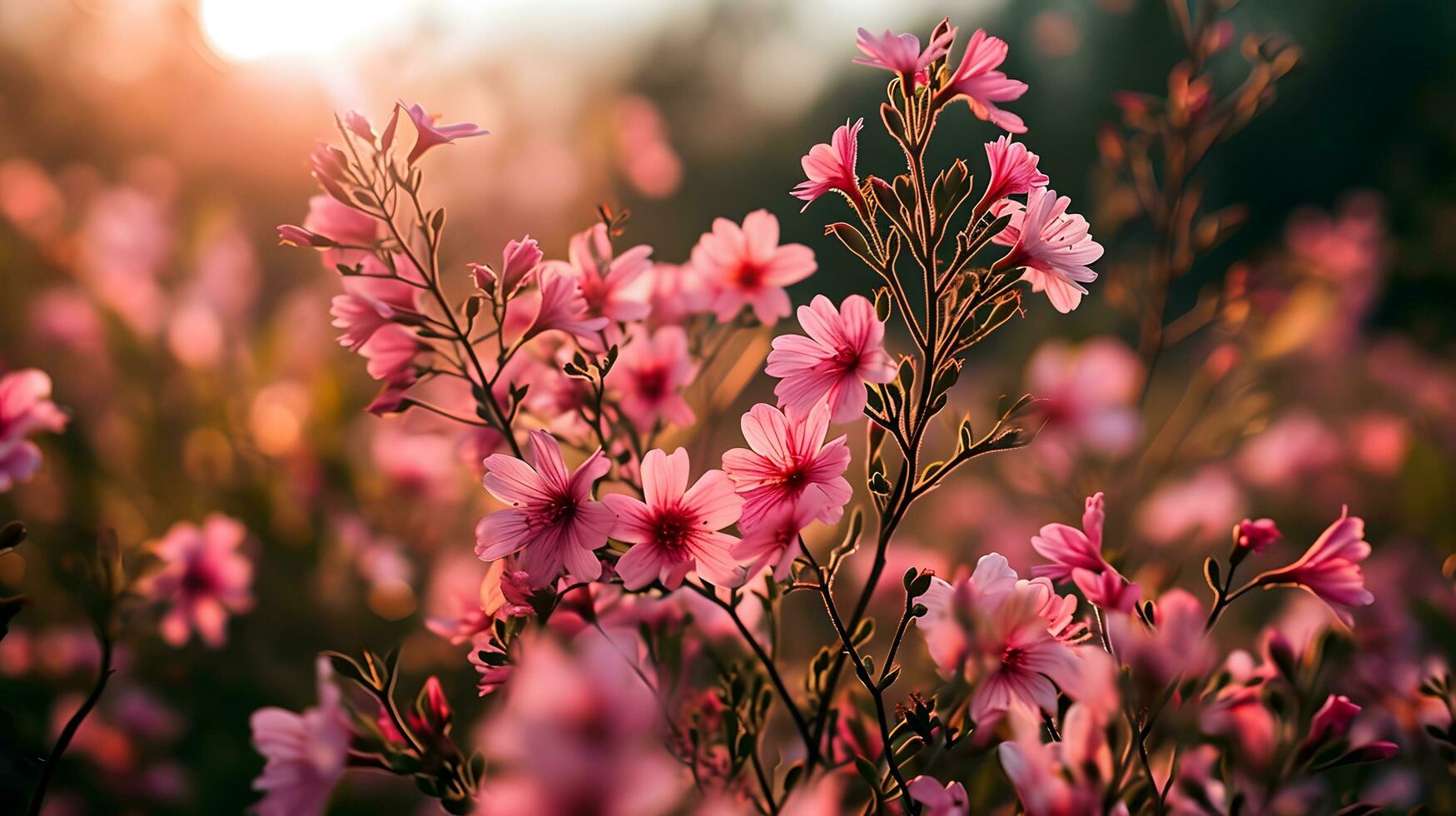 ai generado suave rosado flores silvestres tomando el sol en dorado ligero foto
