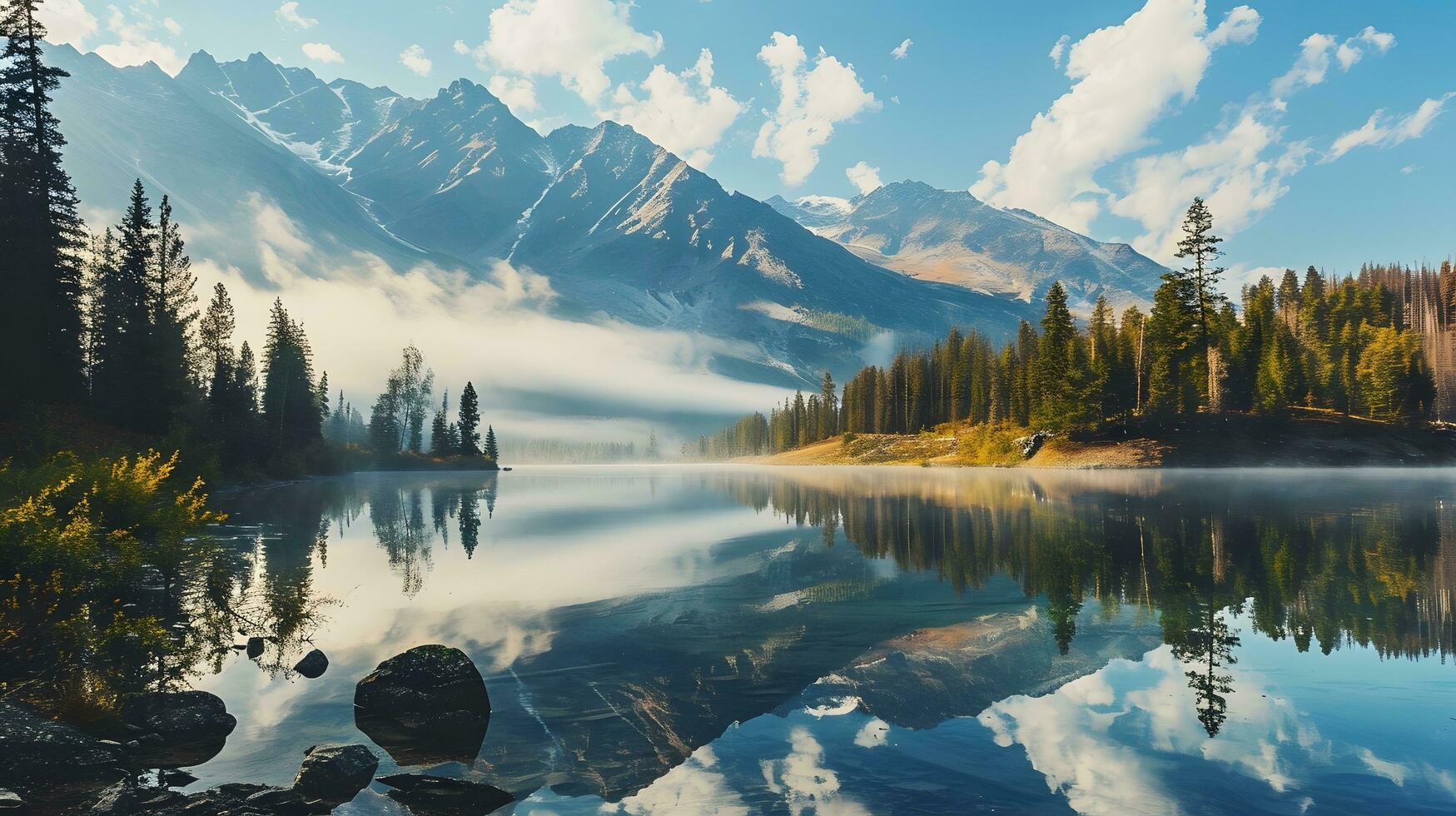 ai generado tranquilo amanecer reflejando en un montaña lago foto