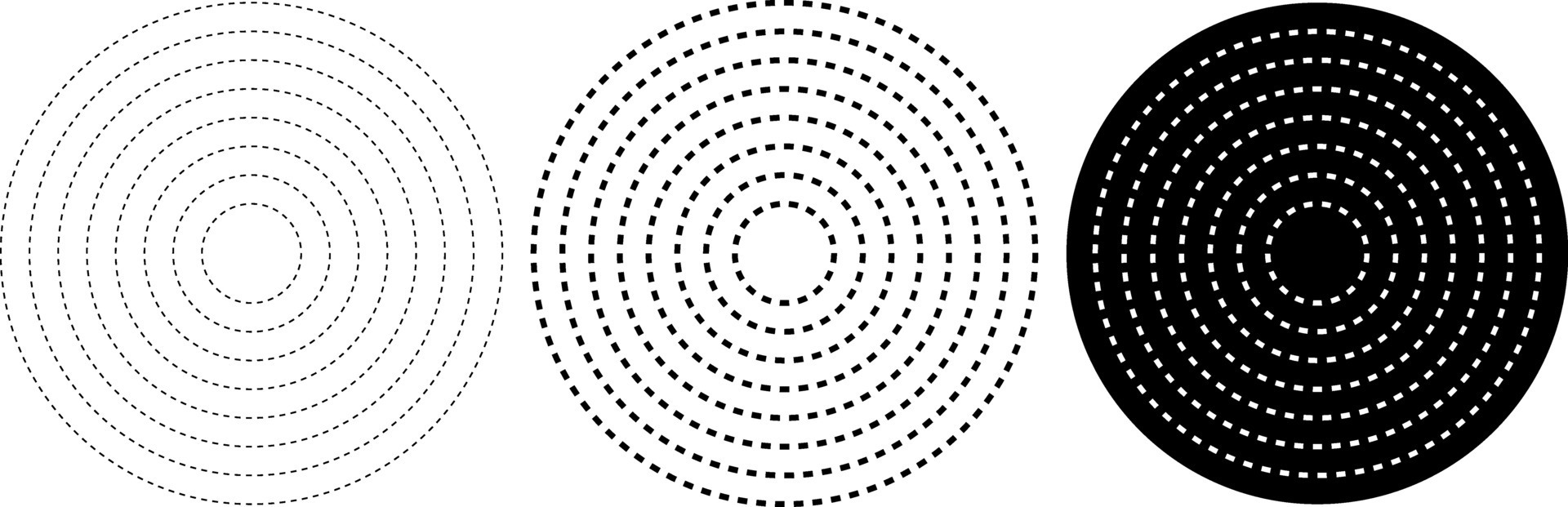 Halftone dash circle element. Radial, radiating dash lines. Circular