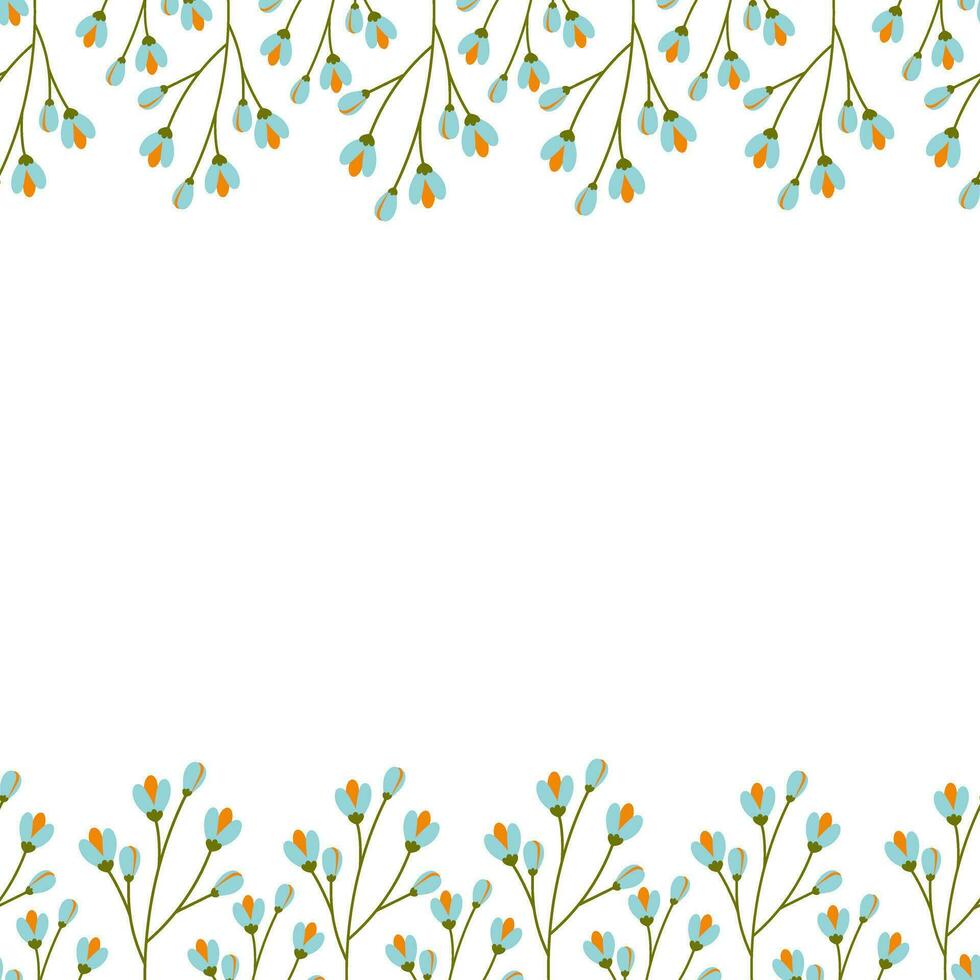 Double sided frame with top and bottom border of blooming twigs. Copy space. Summer design concept vector