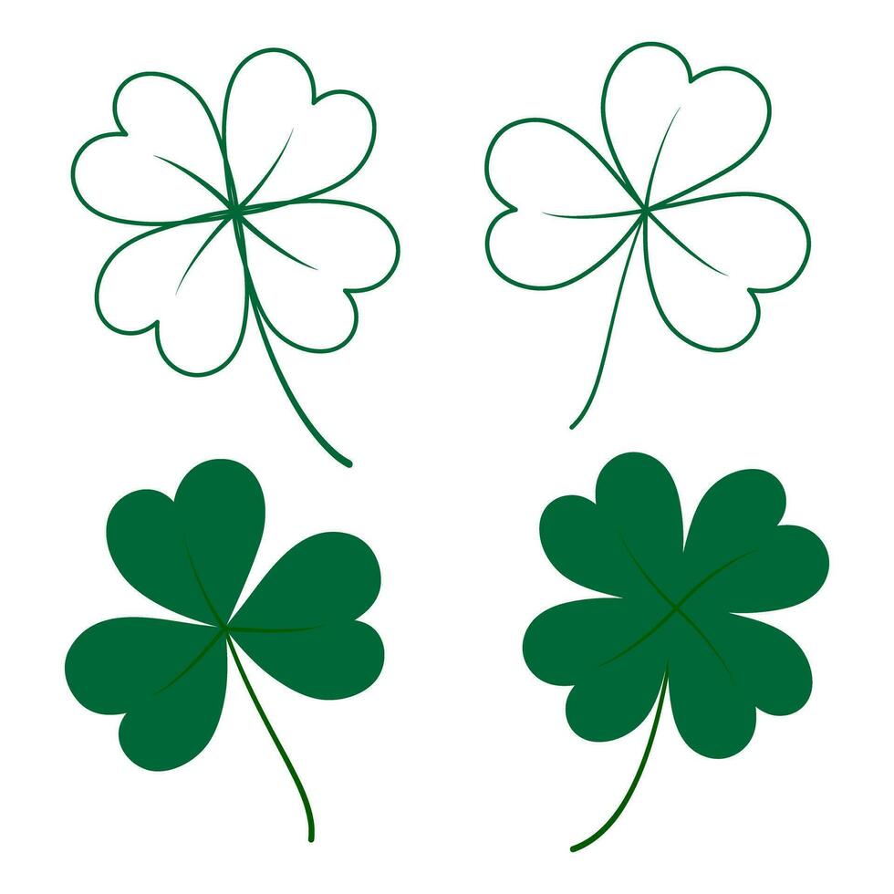 Outline and color drawn tree leaf and four leaf clover in trendy green. St. Patrick greeting element vector