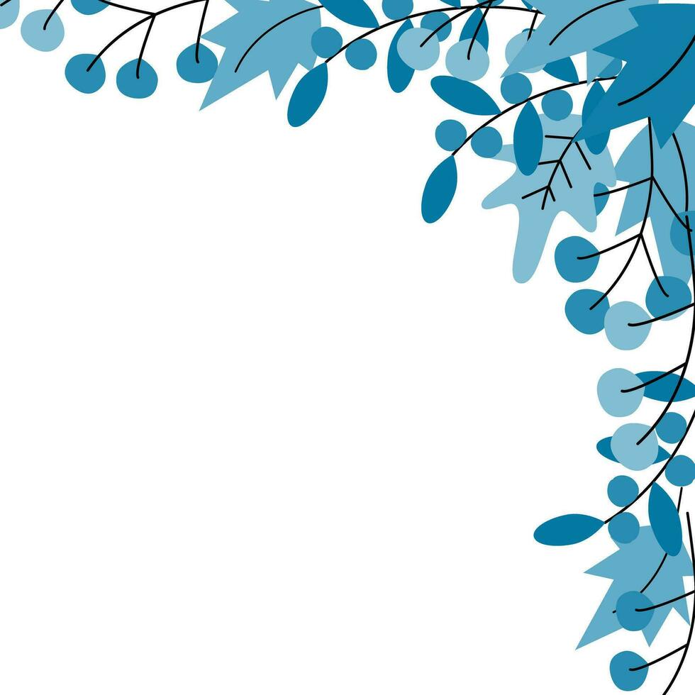 Abstract corner frame with top border of twigs with berries, branches and leaves in monochrome blue vector