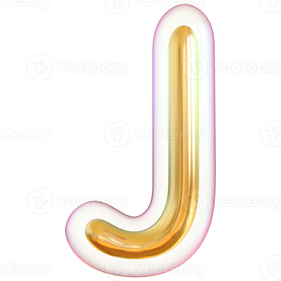 Gold bubble letter J font 3d render png