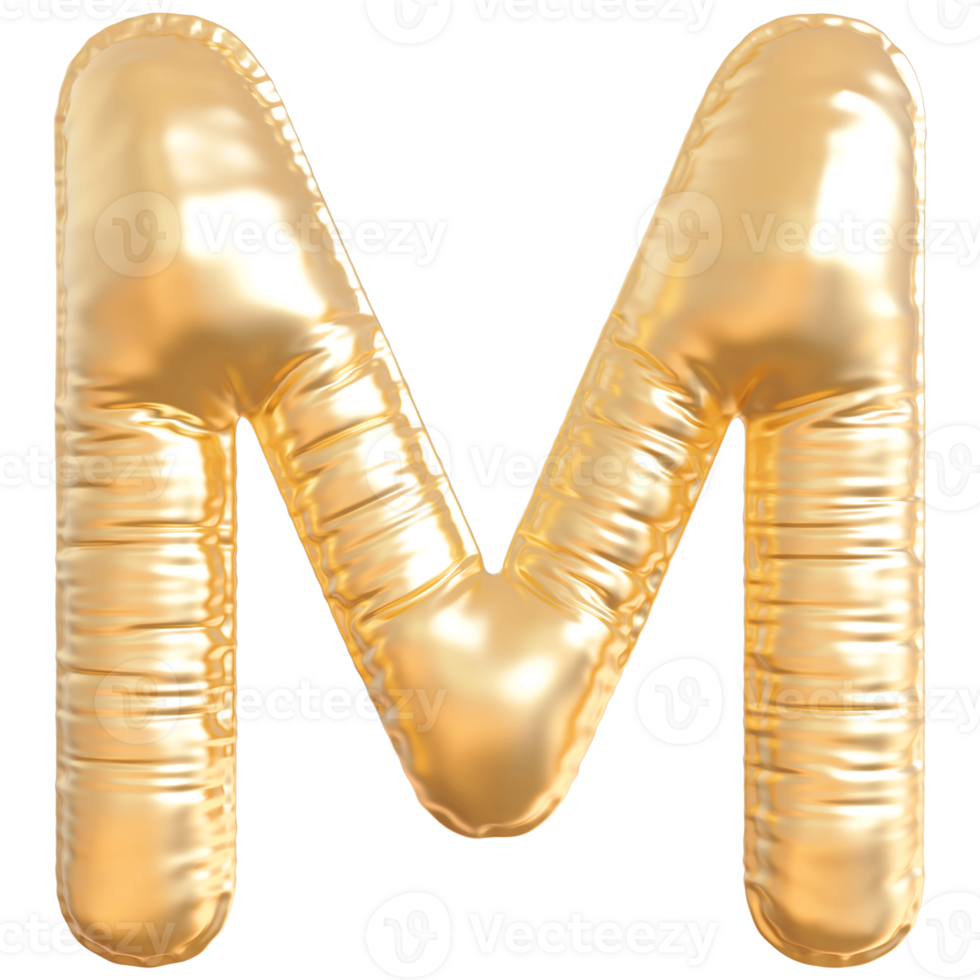 Gold bubble letter M font 3d render png