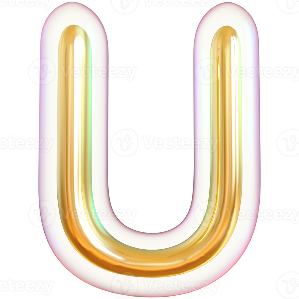 Gold bubble letter U font 3d render png