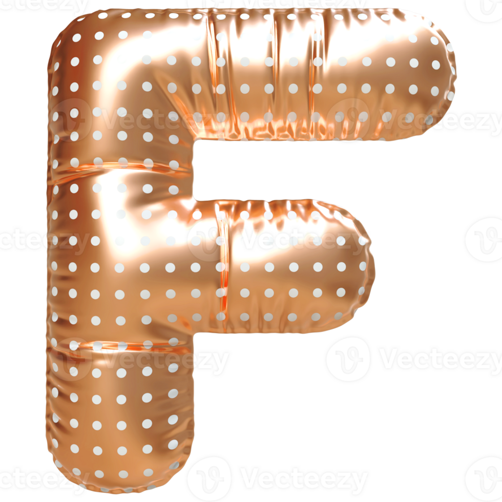 Gold bubble letter F font 3d render png
