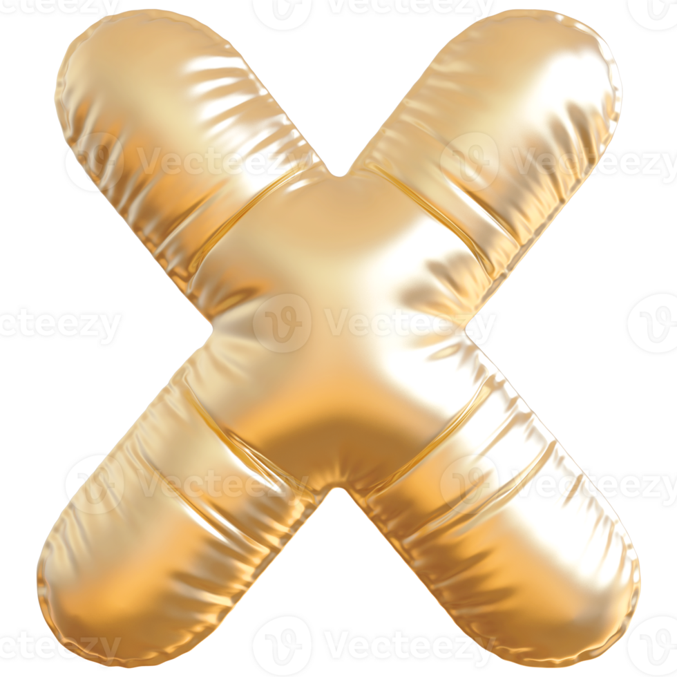 Gold bubble letter X font 3d render png